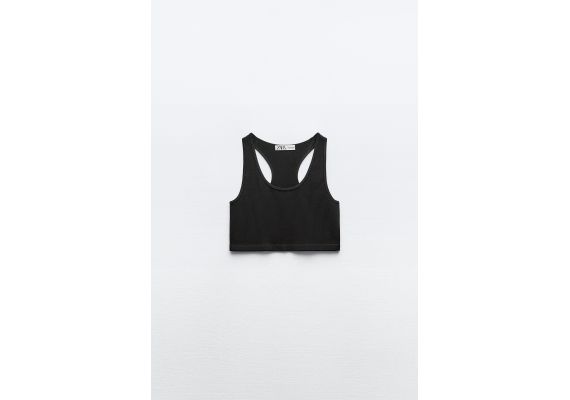 Zara Crop top with a round neckline and wide straps - seamless рибовый лимитированный верх , Цвет: Черный, Размер: XS-S, изображение 3