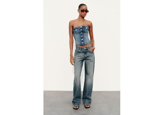 Zara Топ denim trf в стиле корсета , Цвет: Синий, Размер: XS