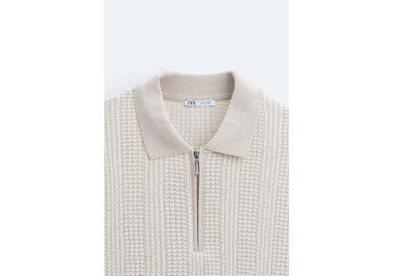 Zara Поло-рубашка с молнией textured weave quarter-zip , Цвет: Бежевый, Размер: XL (US XL), изображение 9