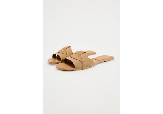 Zara Произведите split-кожу criss-cross split leather flat slider sandals , Цвет: Коричневый, Размер: 40, изображение 3