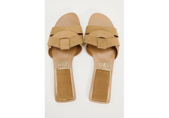 Zara Произведите split-кожу criss-cross split leather flat slider sandals , Цвет: Коричневый, Размер: 36, изображение 6