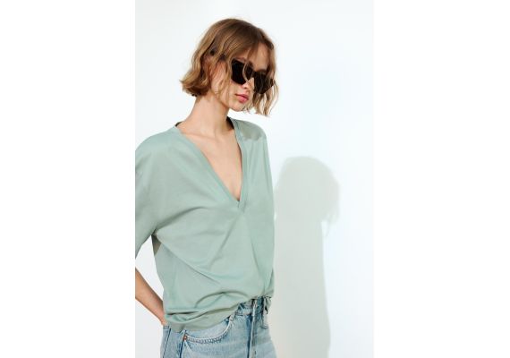 Zara Футболка из пряженого хлопка, Цвет: Зеленый, Размер: M, изображение 3