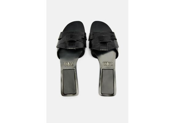 Zara  flat criss-cross leather slider sandals , Цвет: Черный, Размер: 37, изображение 9