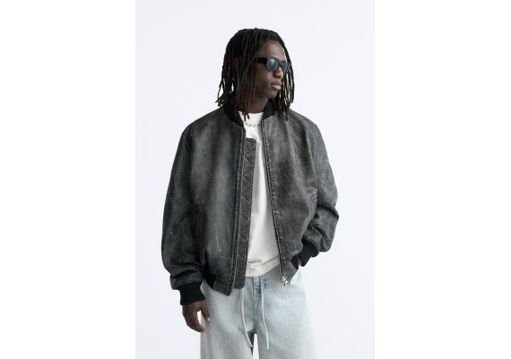 Zara Куртка "бомбер" из кожи с эффектом старения, Цвет: Черный, Размер: L-XL (US L-XL)