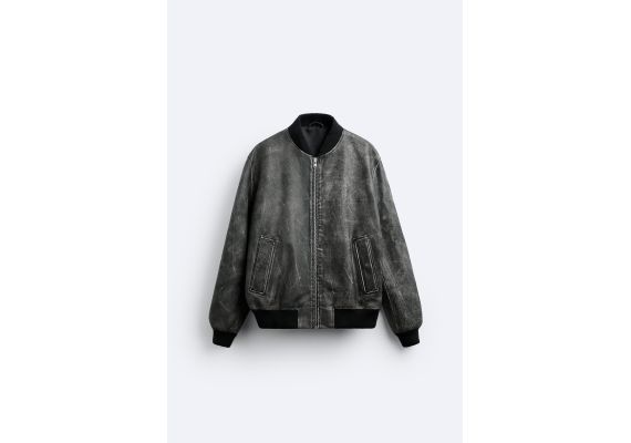 Zara Куртка "бомбер" из кожи с эффектом старения, Цвет: Черный, Размер: L-XL (US L-XL), изображение 6