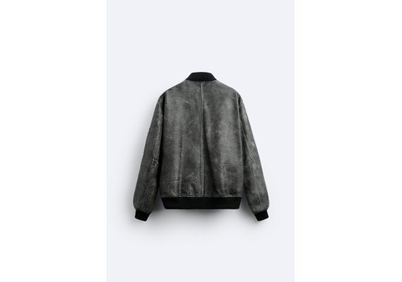 Zara Куртка "бомбер" из кожи с эффектом старения, Цвет: Черный, Размер: L-XL (US L-XL), изображение 7