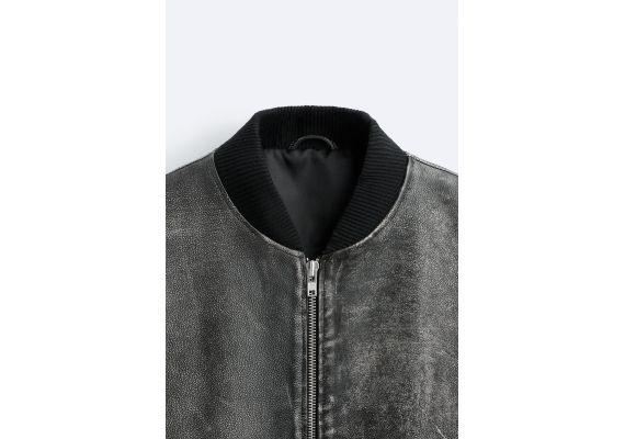 Zara Куртка "бомбер" из кожи с эффектом старения, Цвет: Черный, Размер: L-XL (US L-XL), изображение 8