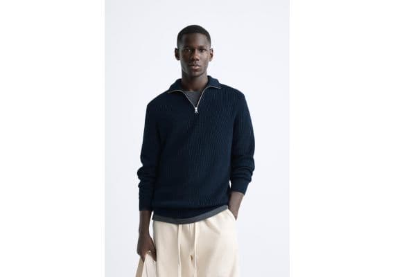 Zara Светр "purl knit quarter-zip" , Цвет: Синий, Размер: M (US M)