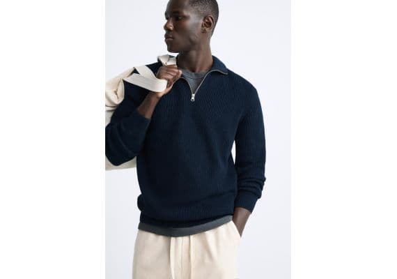 Zara Светр "purl knit quarter-zip" , Цвет: Синий, Размер: M (US M), изображение 5