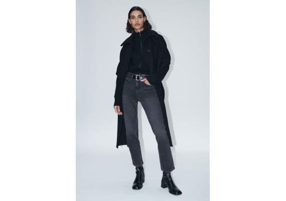 Zara Модель джинсов zw collection straight leg mid-rise cropped jeans , Цвет: Черный, Размер: 34