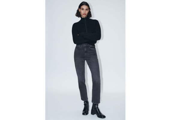 Zara Модель джинсов zw collection straight leg mid-rise cropped jeans , Цвет: Черный, Размер: 34, изображение 2