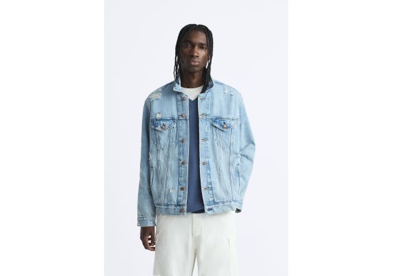 Zara Джинсовая куртка ripped denim , Цвет: Синий, Размер: L (US L), изображение 2