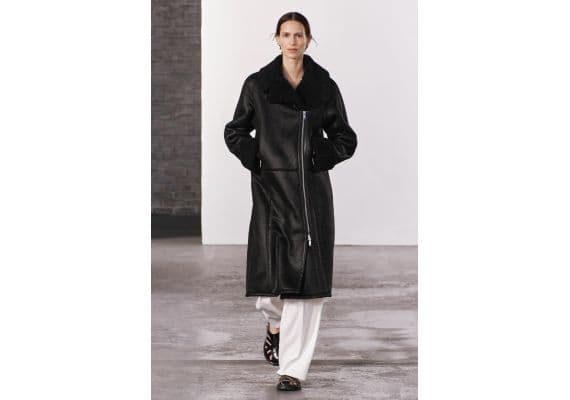 Zara Пальто в стиле байкера из коллекции zw collection double-faced long biker coat , Цвет: Черный, Размер: XS-S