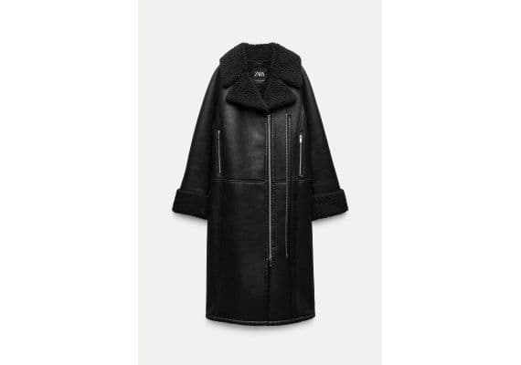 Zara Пальто в стиле байкера из коллекции zw collection double-faced long biker coat , Цвет: Черный, Размер: XS-S, изображение 5