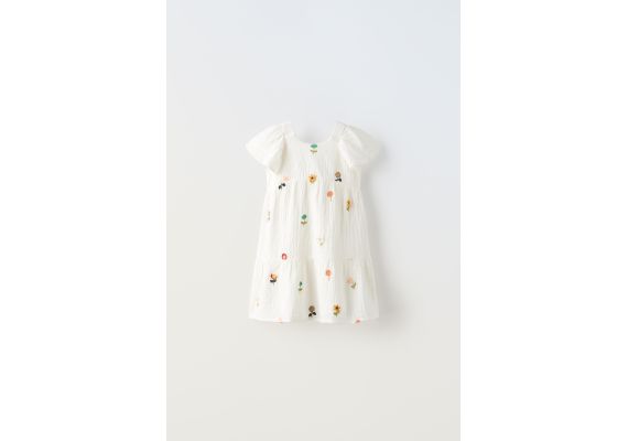 Zara Платье с текстурой и вышитыми цветами , Цвет: Белый, Размер: 1½ лет (86 см), изображение 2