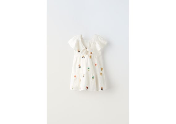 Zara Платье с текстурой и вышитыми цветами , Цвет: Белый, Размер: 1½ лет (86 см), изображение 3