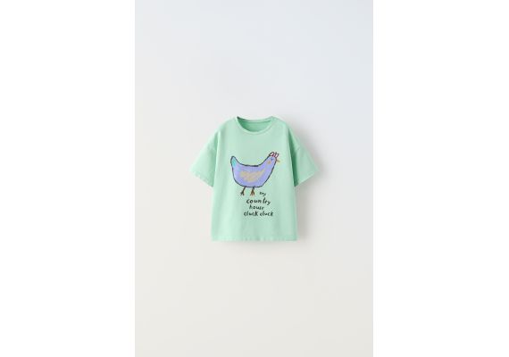 Zara Футболка с принтом hen print t-shirt , Цвет: Зеленый, Размер: 1½ лет (86 см)