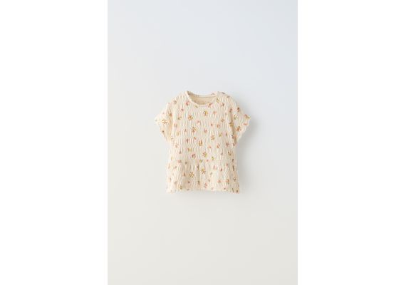 Zara Футболка с текстурным цветочным принтом , Цвет: Бежевый, Размер: 1½ лет (86 см), изображение 2