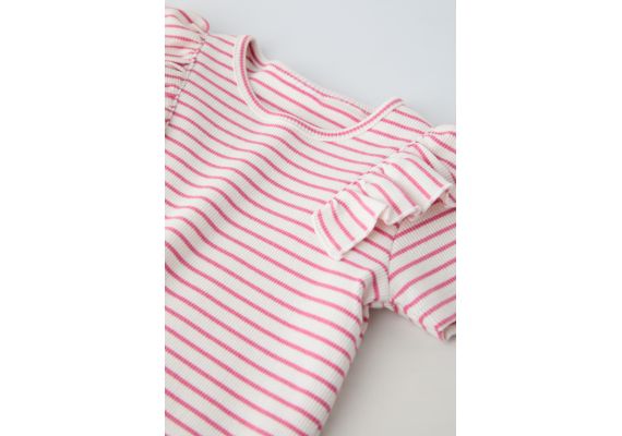 Zara Футболка в полоску с ребристым узором , Цвет: Розовый, Размер: 2-3 лет (98 см), изображение 3