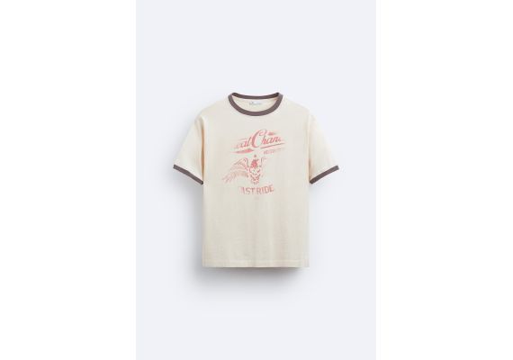 Zara Футболка с круглым вырезом и короткими рукавами с сохраненным старинным принтом, Цвет: Бежевый, Размер: S (US S), изображение 7