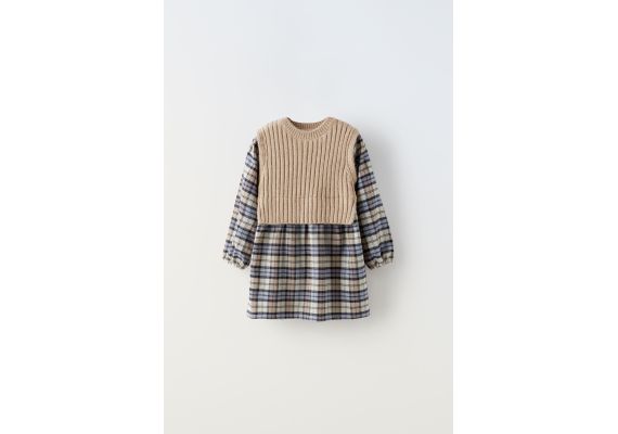 Zara Платье в клетку с вязаным жилетом , Цвет: Бежевый, Размер: 5-6 лет (116 см)