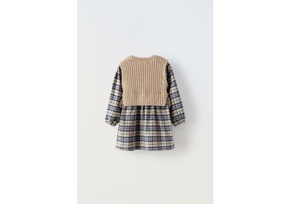 Zara Платье в клетку с вязаным жилетом , Цвет: Бежевый, Размер: 4-5 лет (110 см), изображение 2