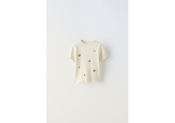 Zara Футболка с вышивкой цветов pointelle , Цвет: Бежевый, Размер: 3 лет (98 см)