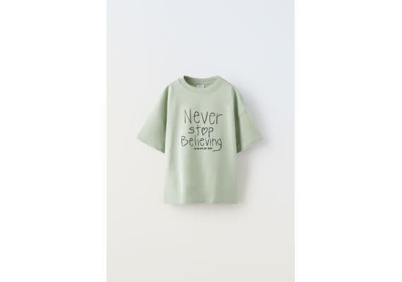 Zara Футболка с вышитым слоганом , Цвет: Зеленый, Размер: 6-7 лет (120 см)