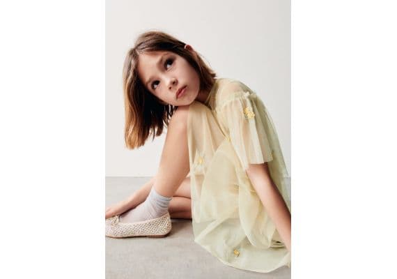 Zara Платье с тюлью и оборками и вышивкой , Цвет: Бежевый, Размер: 6 лет (116 см)