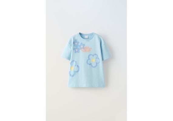 Zara Футболка с эффектом распыления и слоганом , Цвет: Синий, Размер: 8-9 лет (130 см)