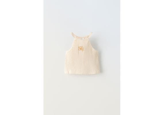 Zara Топ с ребристым узором и вышивкой , Цвет: Бежевый, Размер: 6-7 лет (120 см)