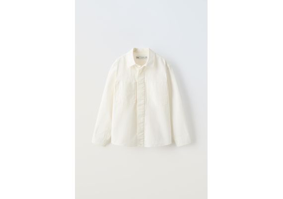 Zara Рубашка из коллекции true neutrals из ткани поплин с карманом, Цвет: Бежевый, Размер: 11-12 лет (152 см), изображение 5