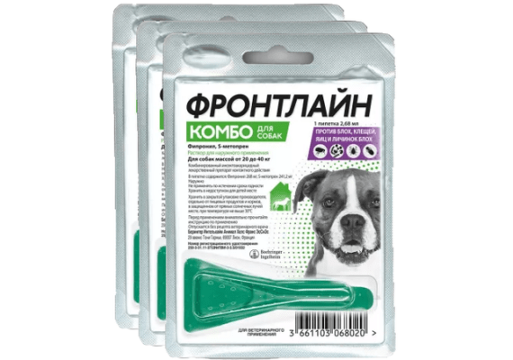 Фронтлайн Комбо Капли от блох, клещей и паразитов 3 пипетки  по 2.68 мл.  для собак весом 20 - 40 кг