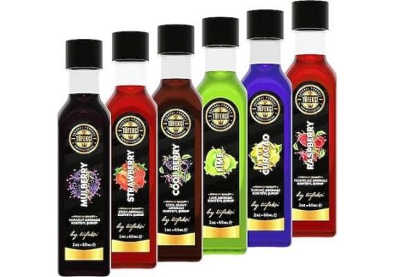 От Tüfekcicious Coffee, Cake and Cocktail Syrop Package (лайм, Raspion, Strawberry, Karadut, Blue Curacao Cool Berry) 6x60ml