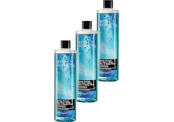 Набор из трех гелей для душа Avon Senses Ocean Surge с ароматом моря и наны для волос и тела, 500 мл каждый.