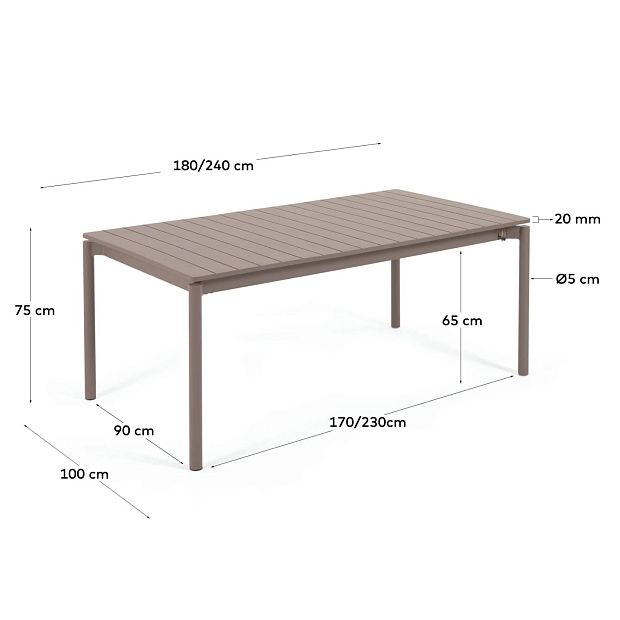 Раздвижной алюминиевый садовый стол Zaltana с коричневой матовой отделкой 180 (240) x 100 см
