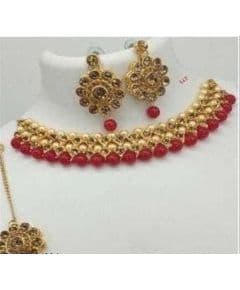 - Red Pearl & Gold Stone Jewellery Set - image 3 | Saree Palace Germany | Bazaa