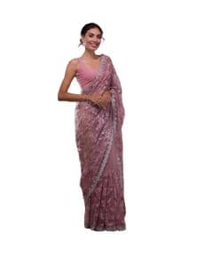 - Pink silver stone work net saree - image 6 | Saree Palace Germany | Bazaa