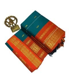 - Teal blue cotton saree with orange boarder - image 3 | Saree Palace Germany | Bazaa