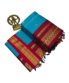 - Sky blue cotton saree with red boarder - image 3 | Saree Palace Germany | Bazaa