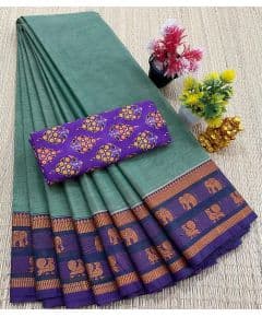 - Chettinad Cotton Sarees With Intricate Woven Jari Border with blouse - image 3 | Indi Store | Bazaa