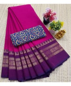 - Chettinad Cotton Sarees With Intricate Woven Jari Border with blouse - image 3 | Indi Store | Bazaa