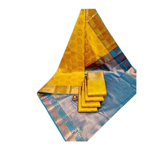 - Yellow & Golden Sea Blue Semi SIlk Saree - image 3 | Saree Palace Germany | Bazaa