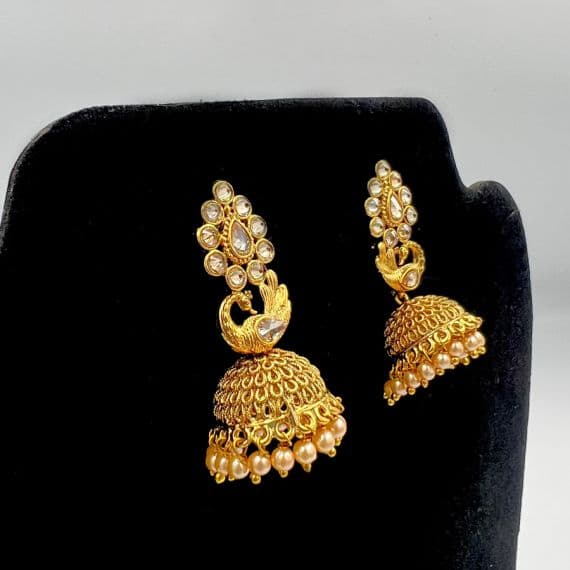 - Gold Plated Peacock Polki Kundan Jhumka with pearls - image 3 | Vastraany | Bazaa