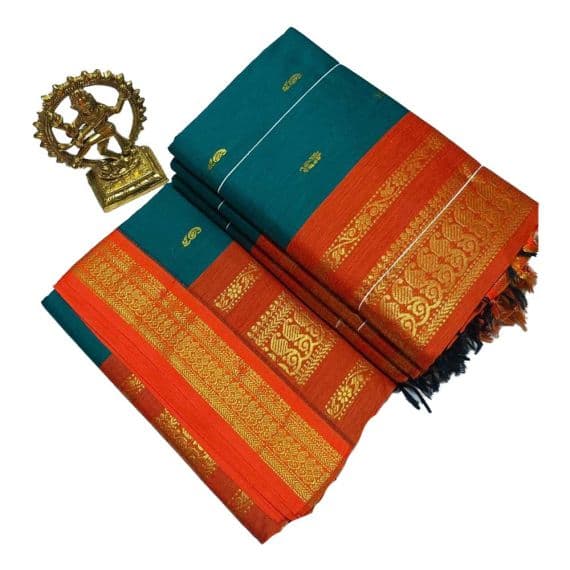 - Teal blue cotton saree with orange boarder - image 3 | Saree Palace Germany | Bazaa