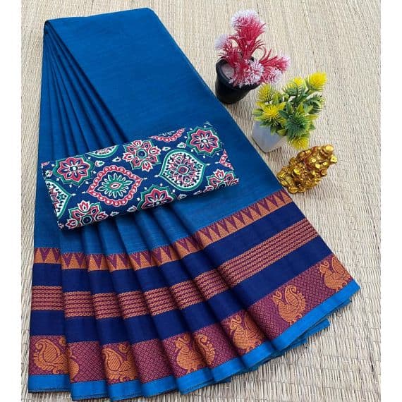 - Chettinad Cotton Sarees With Intricate Woven Jari Border with blouse - image 3 | Indi Store | Bazaa