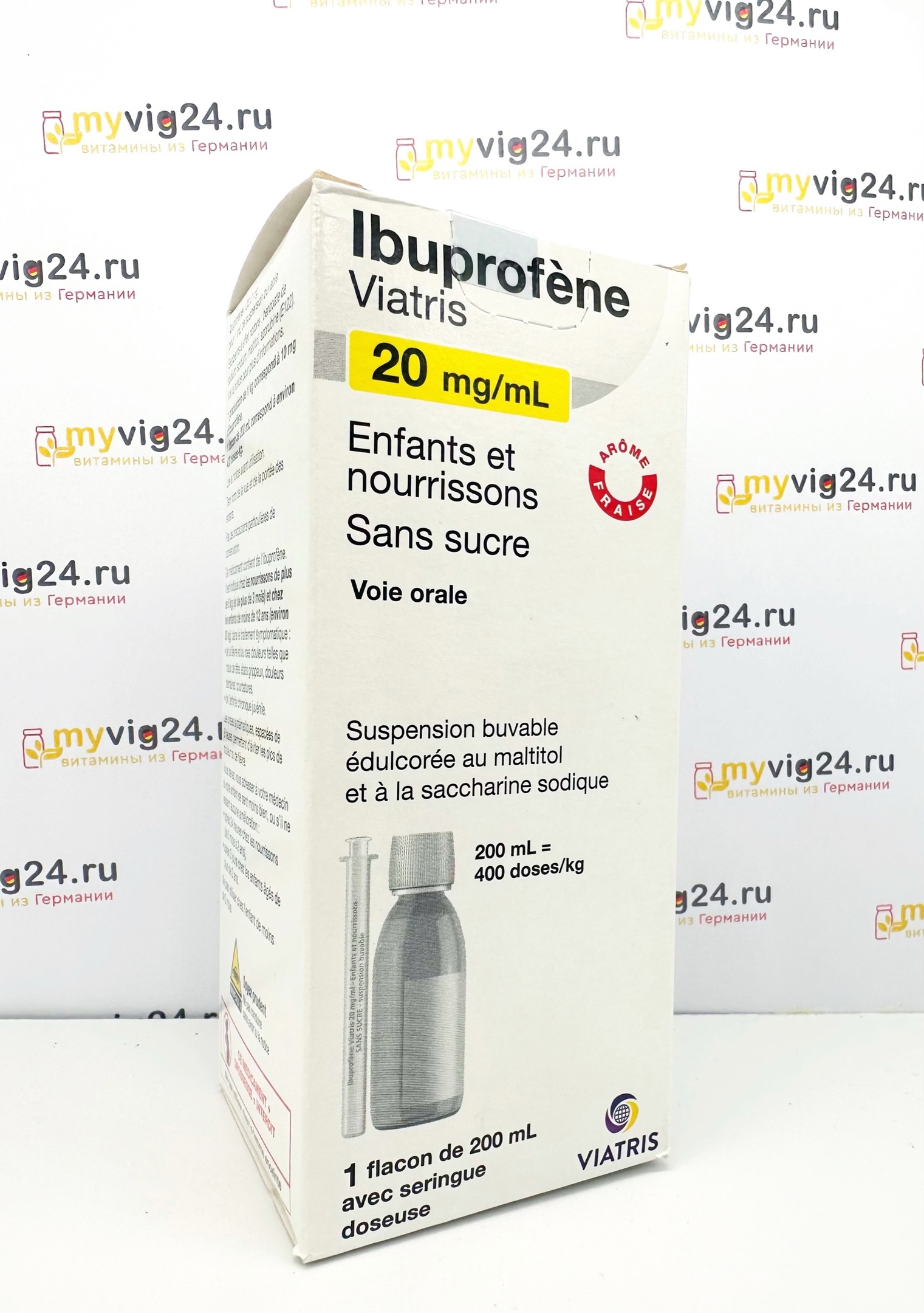 Ibuprofène Mylan 20mg/ml Сироп Ибупрофена - жаропонижающий и обезболивающий  препарат, 200 мл