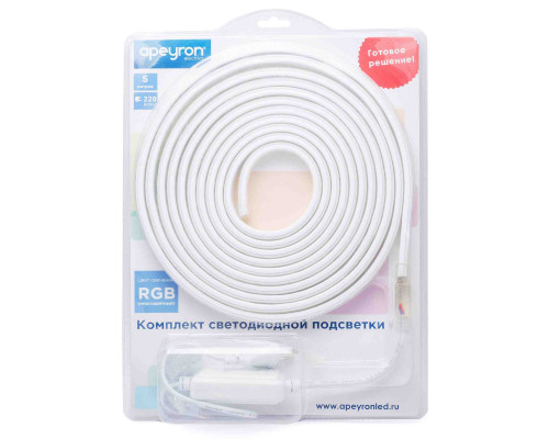 Основное фото Комплект светодиодной ленты Apeyron 220В 12Вт/м smd5050 60д/м IP65 5м RGB (сетевой шнур, контроллер, заглушка, крепежи) 10-52: Купить в Интернет магазин освещения GCSVET.RU