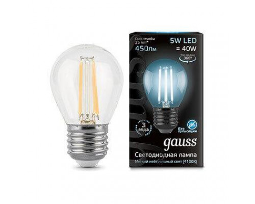 Основное фото Филаментная лампа светодиодная Gauss E27 5W 4100K прозрачная 105802205: Купить в Интернет магазин освещения GCSVET.RU