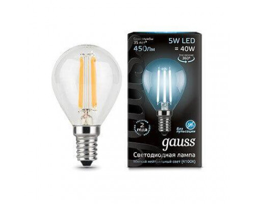 Основное фото Филаментная лампа светодиодная Gauss E14 5W 4100K прозрачная 105801205: Купить в Интернет магазин освещения GCSVET.RU